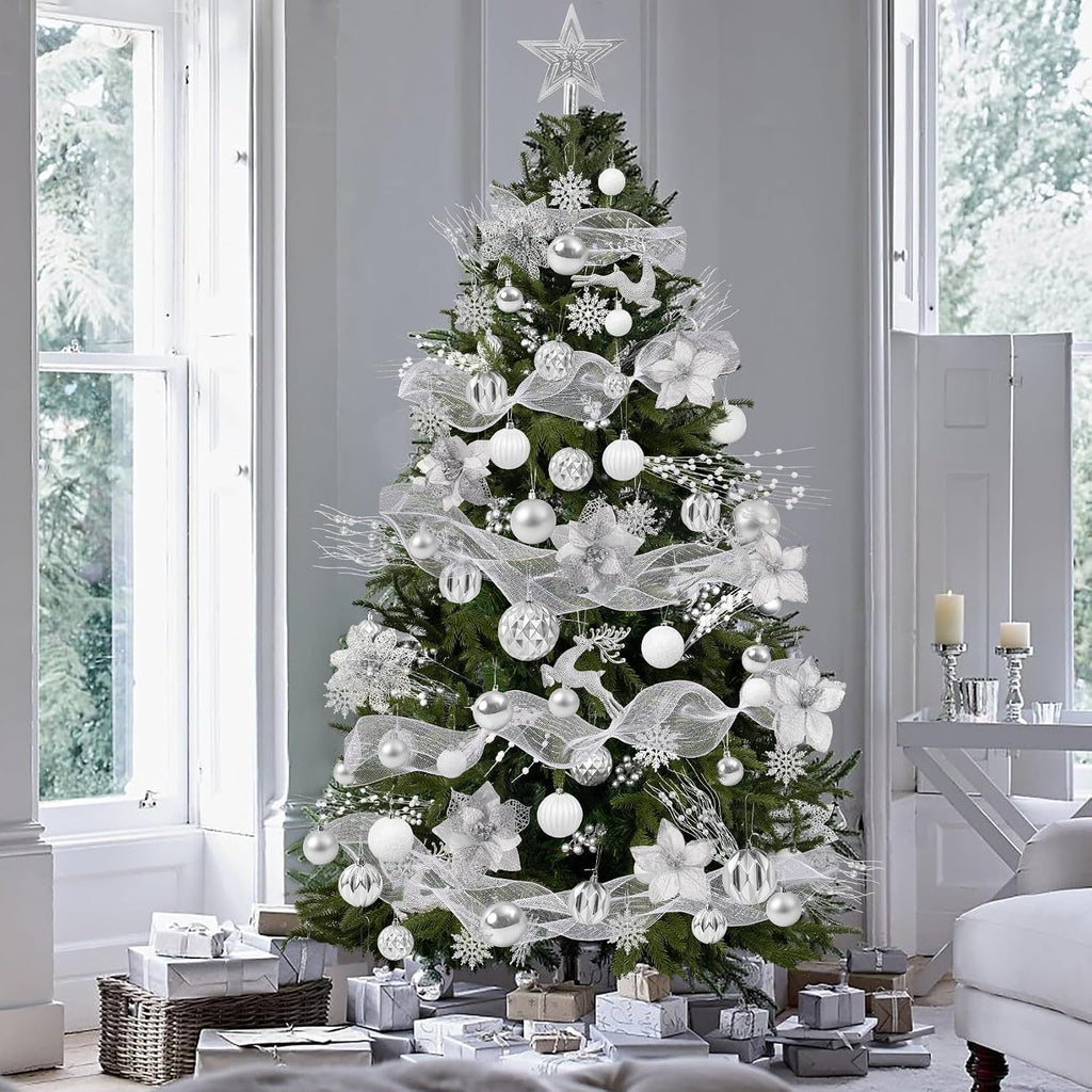 Ouddy Decor 105 Pcs Silver Christmas Tree Ball Ornaments Decorations Set