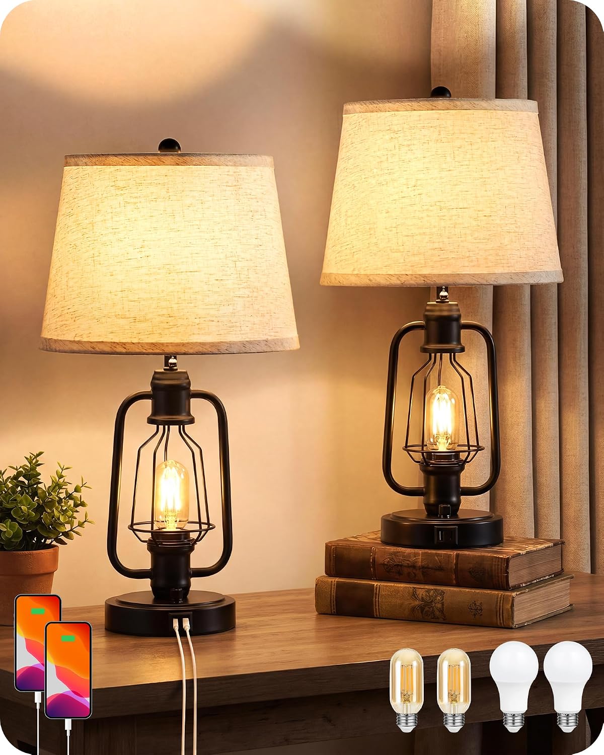Farmhouse Table Lamps Set of 2, Industrial Bedside Table Lamps with USB Ports, Rustic Vintage Nightstand Desk Lamps for Living Room, Bedroom, 4 Bulbs Included, Beige and Black E14TLP205