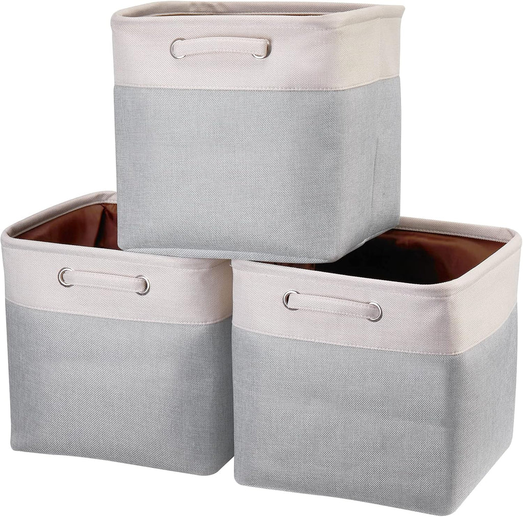13x13x13 Storage Cube Bins 3 Pack -Linen-Feel Fabric Storage Boxes with Metal Frame & Foam Lining, Foldable Cube Organizer with Rope Handles for Shelf, Closet, Bedroom, Living Room