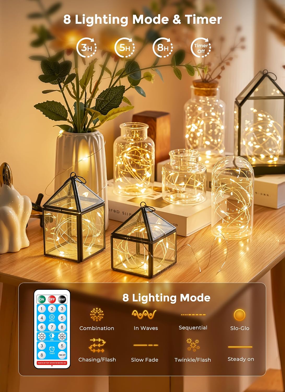 Brightown 8 Pack Rechargeable Fairy Lights Battery Operated with 4 Remote