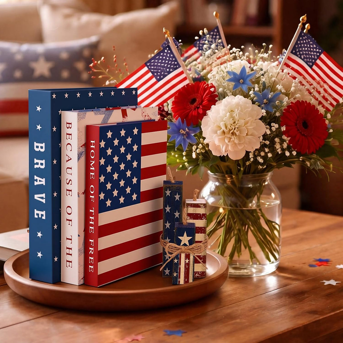 Thyle Decorative Books Fake Faux Aesthetic Coffee Table Books Decoration for Living Room Bedroom Office Shelf Bookshelf Decor,4th of July,Paper