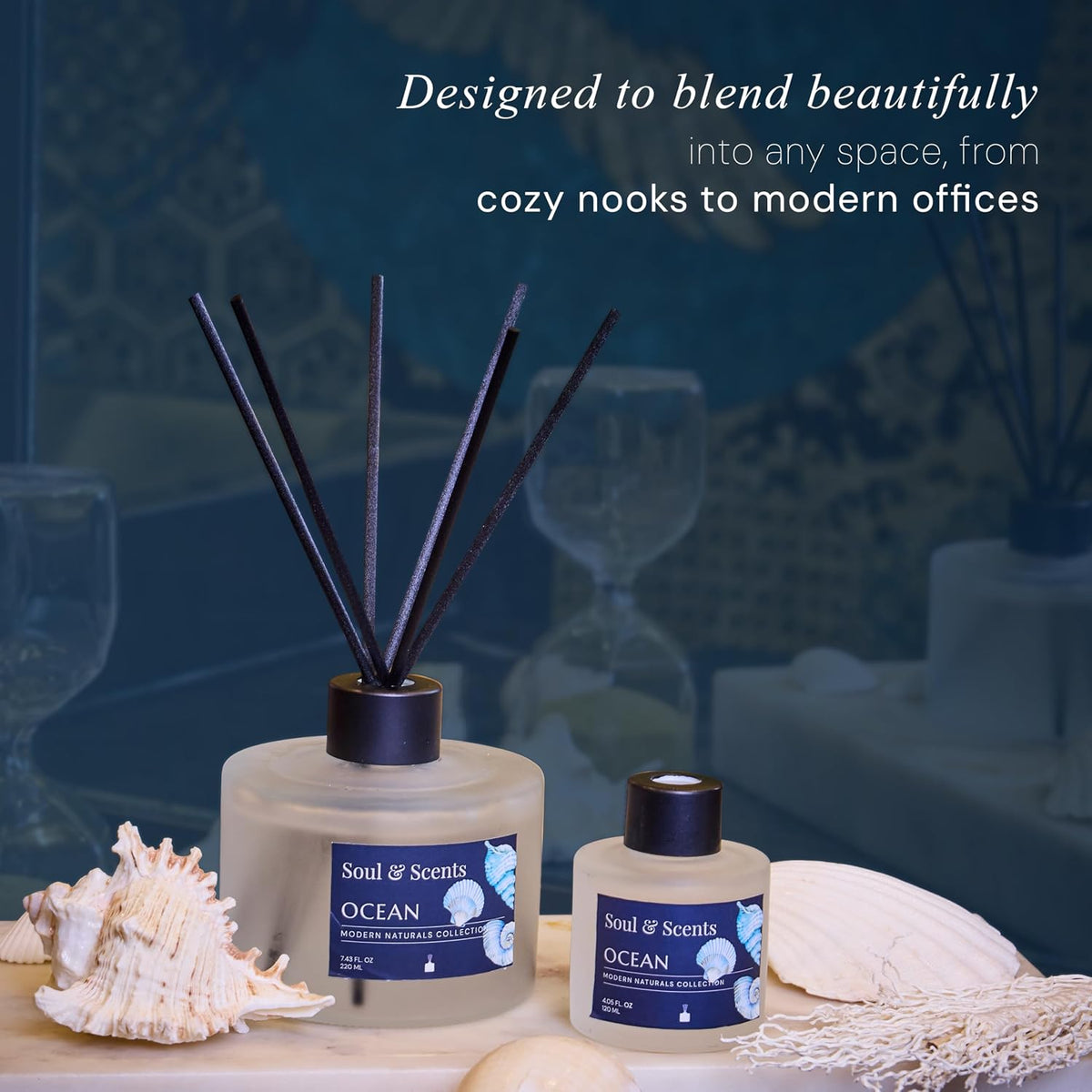Soul & Scents Ocean Scented 4.06 oz (120ml) Reed Diffuser Set with 6 Fiber Sticks for Room Decor | Home Fragrance Reed Diffuser | Air Freshners for Home