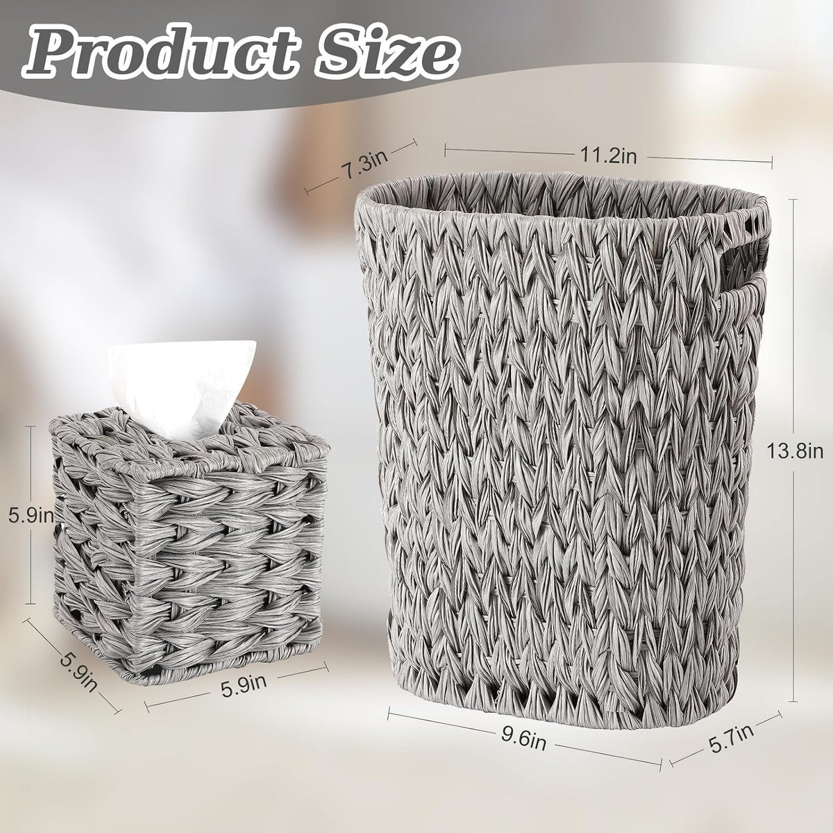 BSSN Wicker Trash Can and Square Tissue Box Cover, 4 Gallon Water Hyacinth Bathroom Trash Can, Handwoven Napkin Holder, Narrow Small Waste Basket, Rustic Decorative Home Set for Bedroom,Office (Grey)