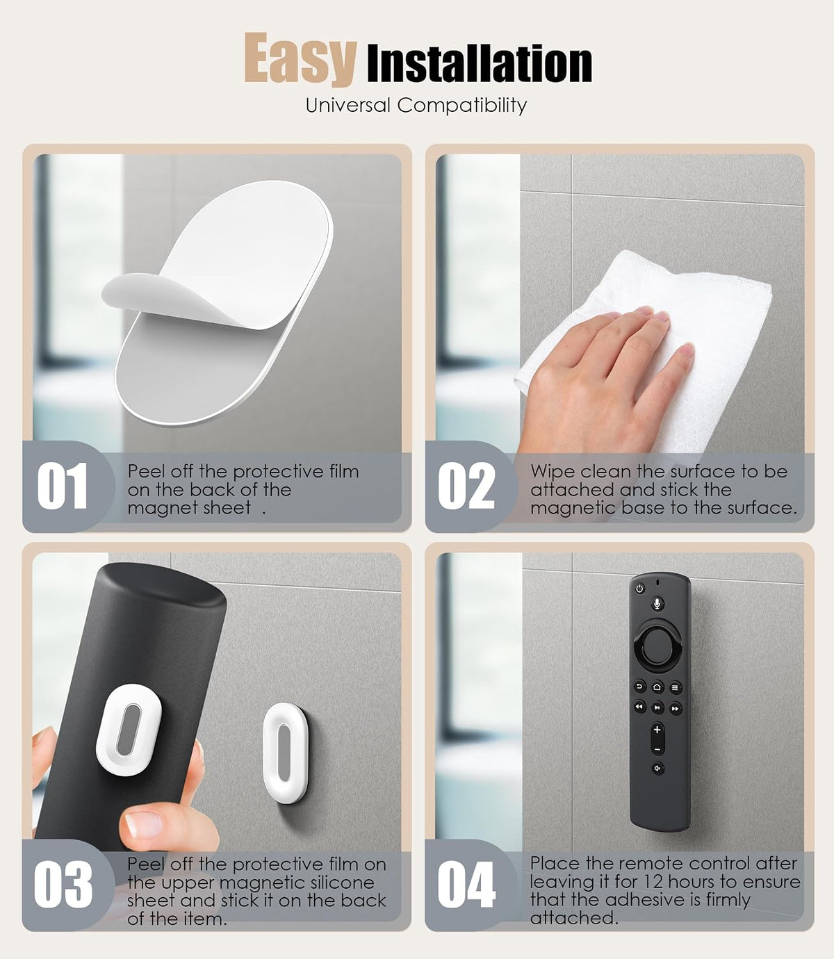 4Pack Magnetic Remote Control Holder Wall Mount, No Drill-White
