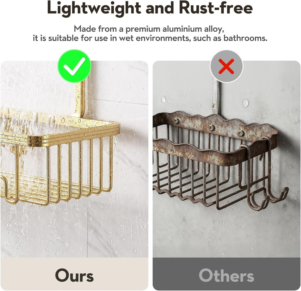 Shower Caddy Hanging, Never Rust Shower Organizer Hanging, Aluminum Shower Racks for Inside Shower with Hooks for Razor, Bathroom Organizers and Storage with Soap Holder, Gold