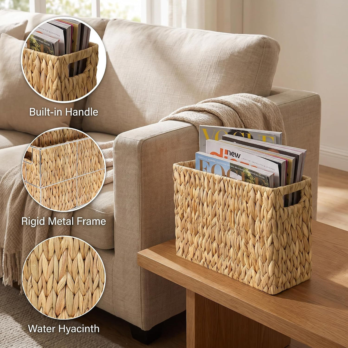 Magazine Holder with Handle, Handwoven Magazine Basket
