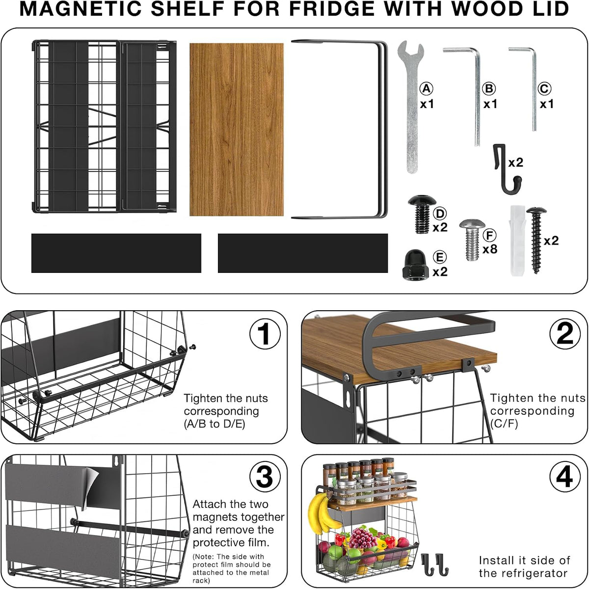 Magnetic Shelf for Fridge with Wood Lid, Large Capacity Magnetic Spice Rack for Refrigerator Kitchen Storage Bin for Fruit, Onion, Potatoes, Storage Organizer for Counter & Cabinet, Wire Basket
