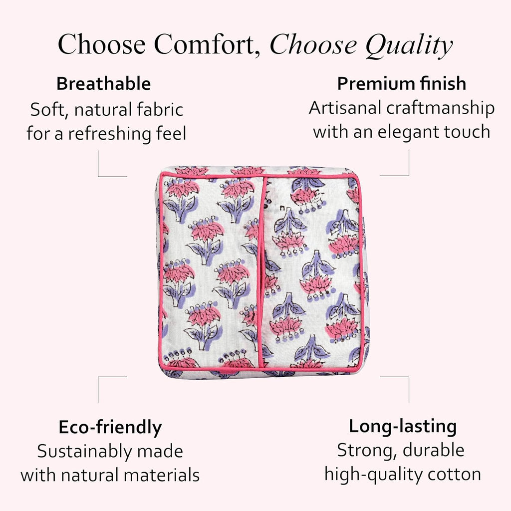 CPC 100% Cotton Ruffle Block Print Tissue Box Cover, Pink Sapphire