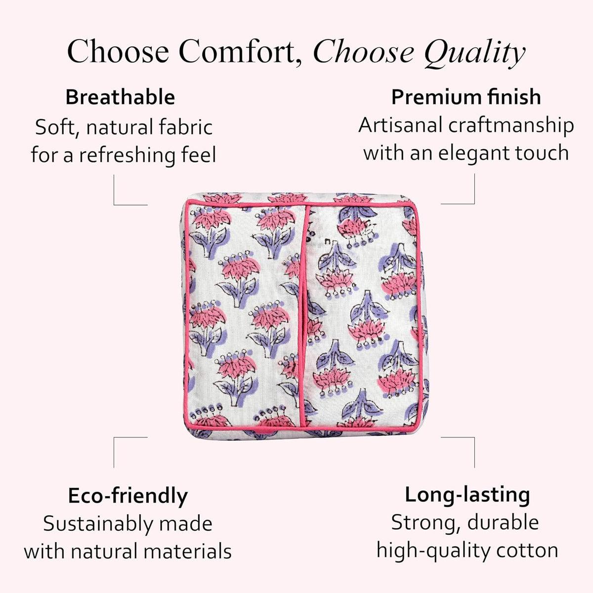 CPC 100% Cotton Ruffle Block Print Tissue Box Cover, Pink Sapphire