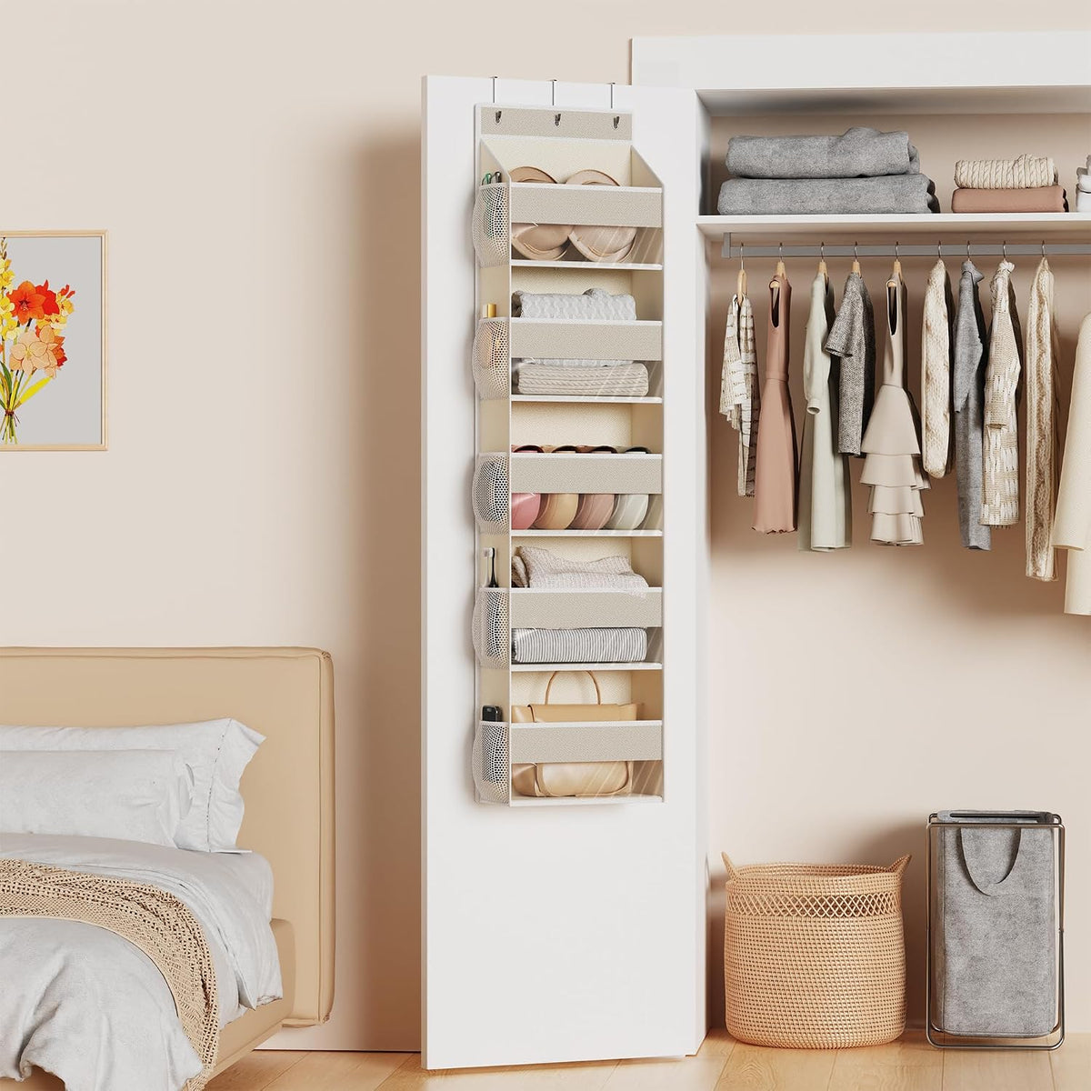 MAX Houser 5-Shelf Over The Door Hanging Organizer for Bathroom, Beige