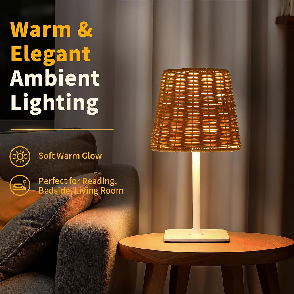 Mr. White Outdoor Waterproof Cordless Set of 2 Rechargeable Portable Top Touch Battery Operated Powered LED Table Lamp with Rattan lampshade for Restaurant Kitchen Patio Dinner Dining (White 2 Pack)
