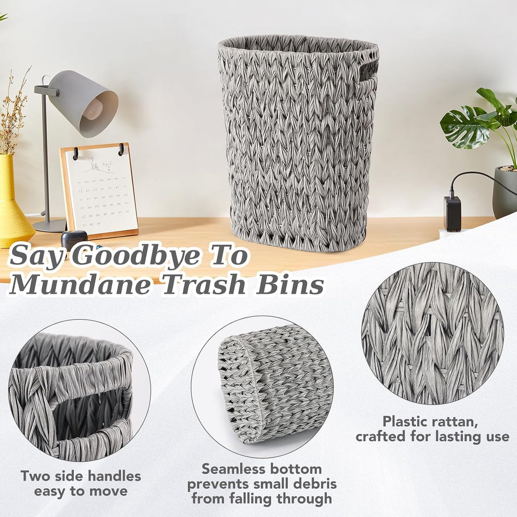 BSSN Wicker Trash Can and Square Tissue Box Cover, 4 Gallon Water Hyacinth Bathroom Trash Can, Handwoven Napkin Holder, Narrow Small Waste Basket, Rustic Decorative Home Set for Bedroom,Office (Grey)