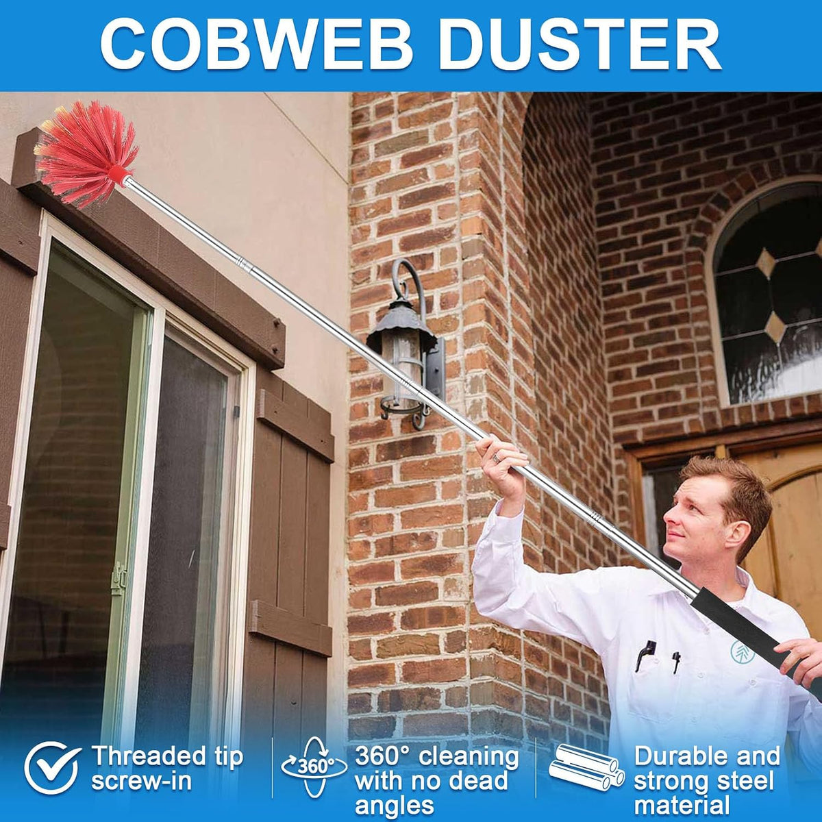 Cobweb Duster with Extension Pole, Medium Stiff Bristles Cobweb Duster Head