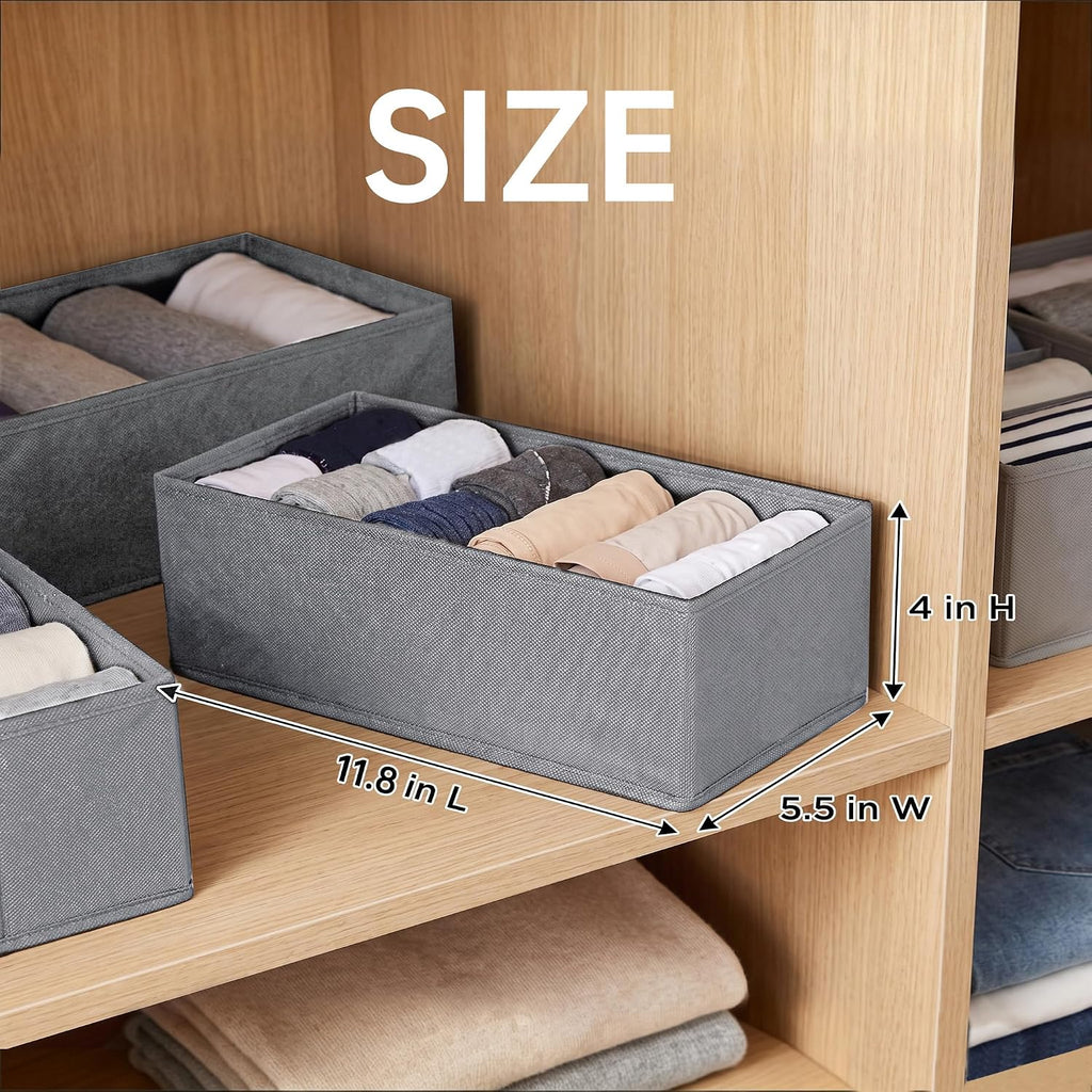 Sock Drawer Organizer 4 Pack - Collapsible Fabric Storage Bins for Underwear Divider, Small Closet Organizers with 4 Compartments, Grey