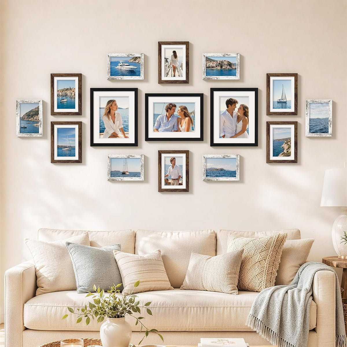 Pallene 15 Pack Gallery Wall Frame Set, Black, Brown, Distressed White
