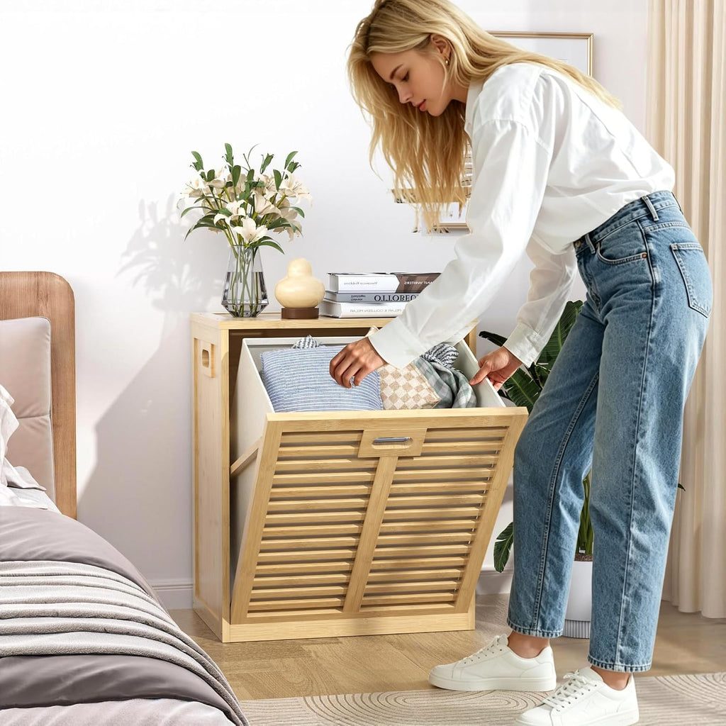 VASMIA Tilt Out Laundry Hamper, Bamboo Laundry Cabinet with Hidden Removable Basket,Dirty Clothes Storage Organizer for Bedroom, Bathroom, Living Room, Natural