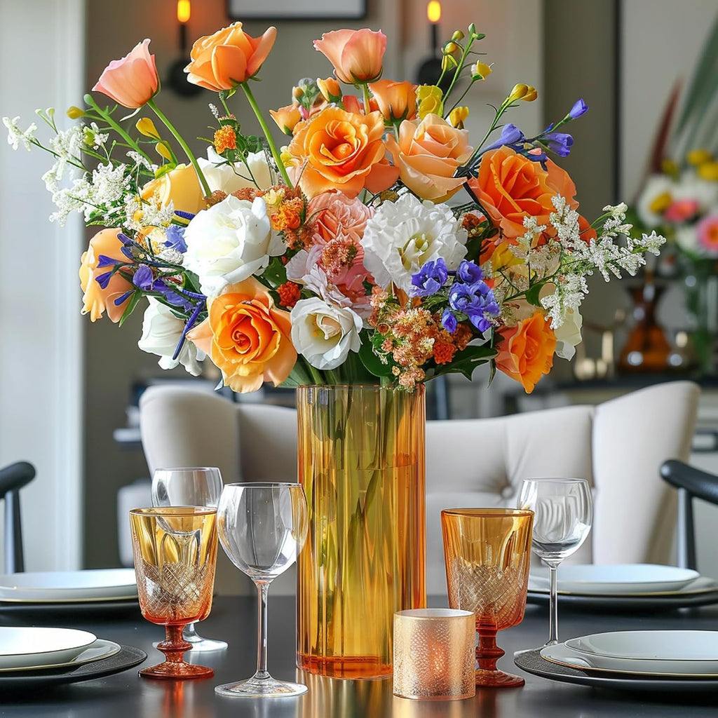 ComSaf Glass Cylinder Vase 8 Inch Tall, Amber Ribbed Decor for Centerpieces