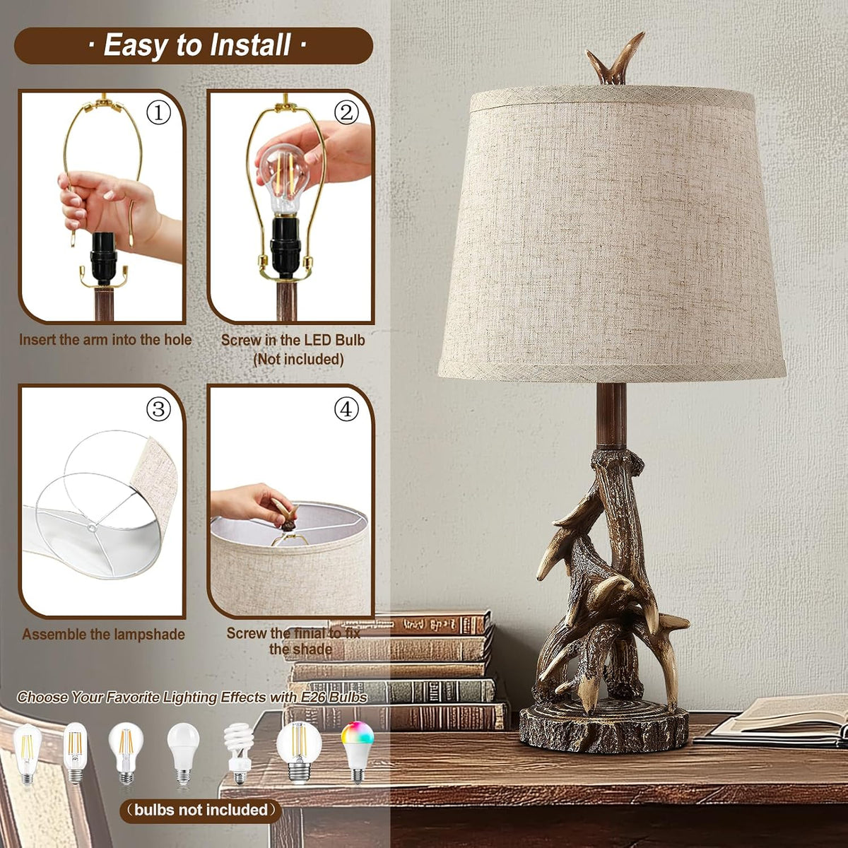 23'' Rustic Farmhouse Table Lamps Set of 2 Deer Antler Lamps for Bedroom Nightstand Lamp Western Cabin Side Lamp for Living Room End Table Study Room Desk,Brown