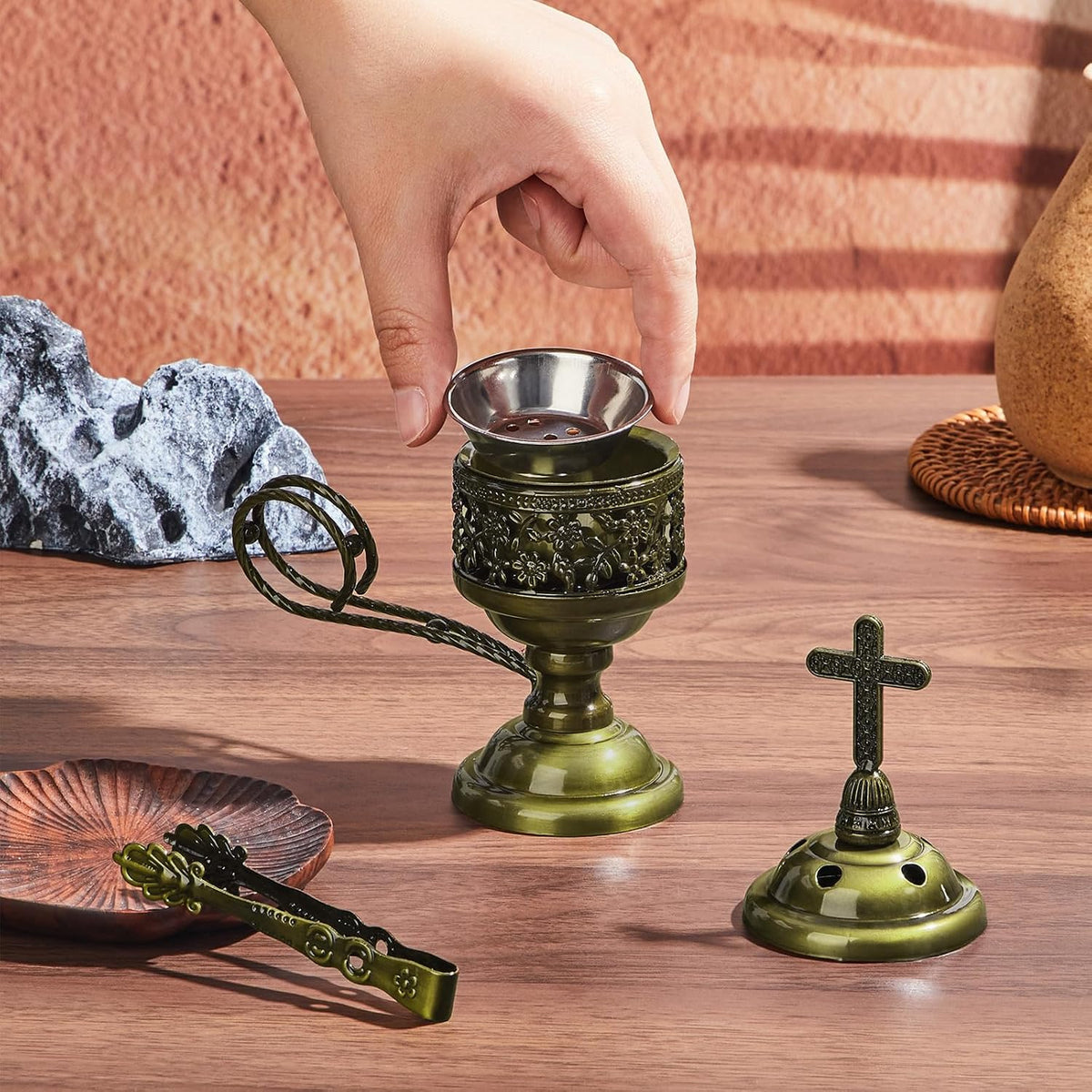 Zonon 2 Sets Incense Burner with Tong, Bronze, Classic