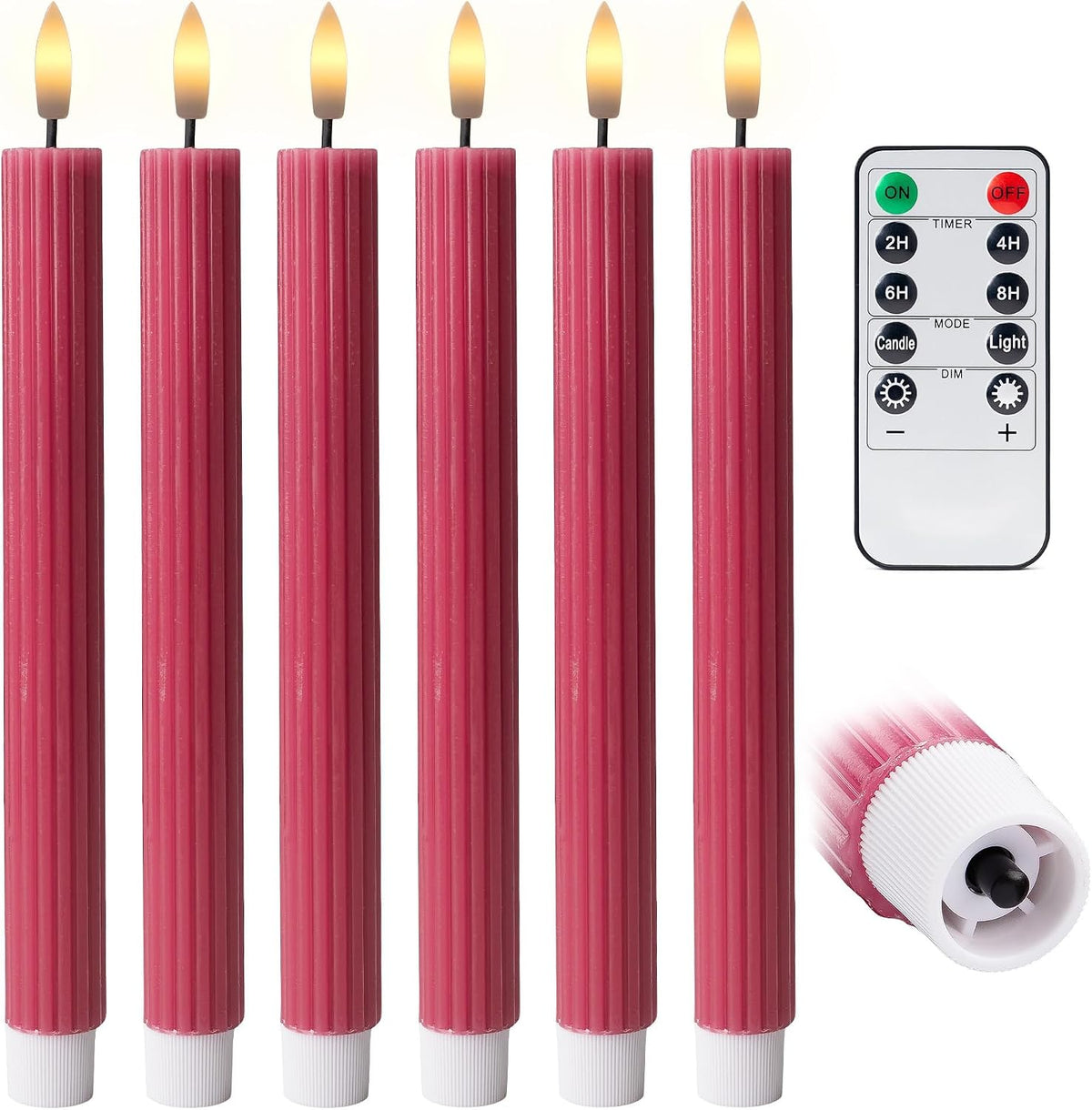 6 Pack, 10" LED Flameless Real Wax Pink Ribbed Taper Candles w/Remote Controller, On/Off Button, Dimmable, Flicker/Static Mode, Battery Operated, Holiday Christmas Menorah Wedding Decor