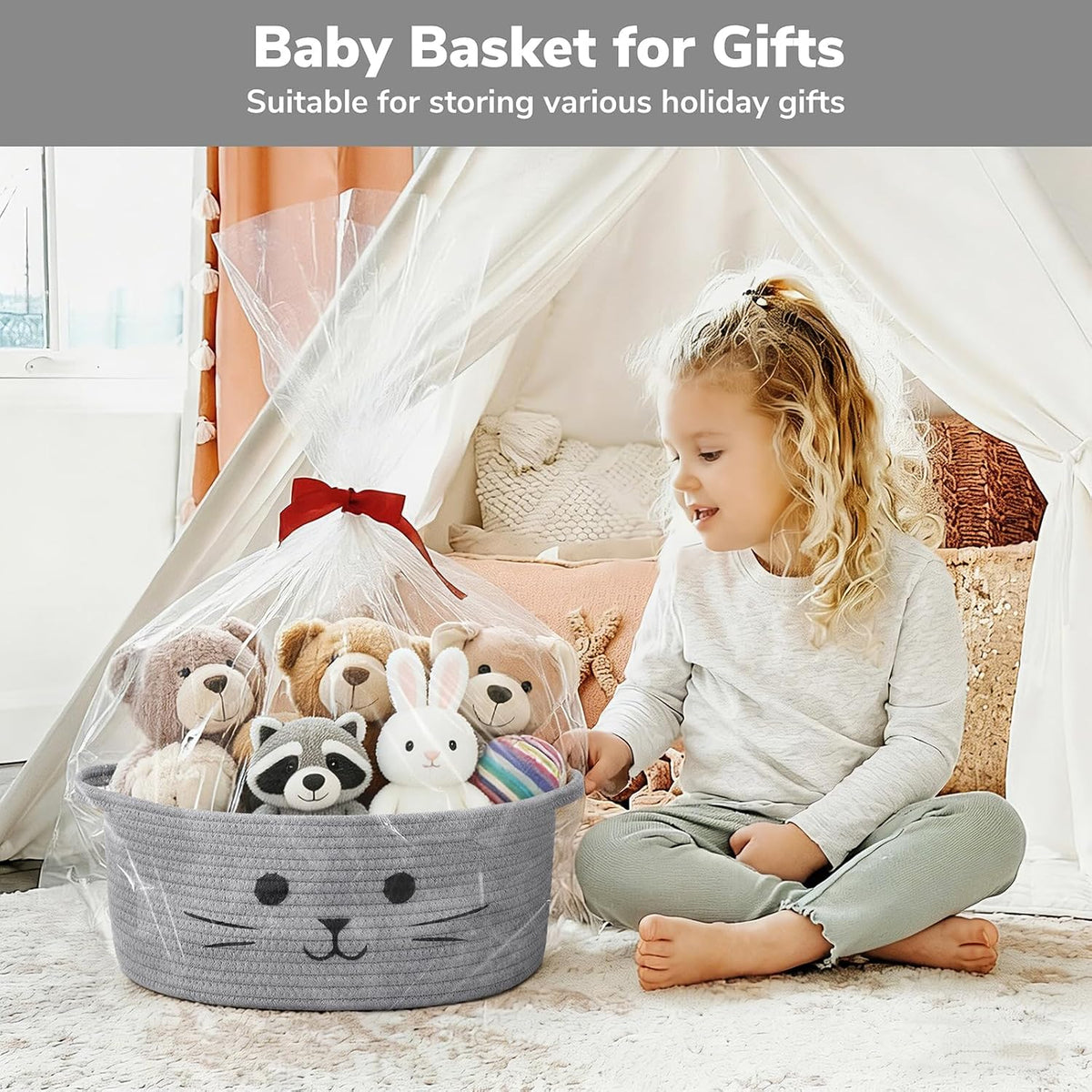 Medium Woven Rope Cat Toy Basket with Cat Face, Grey