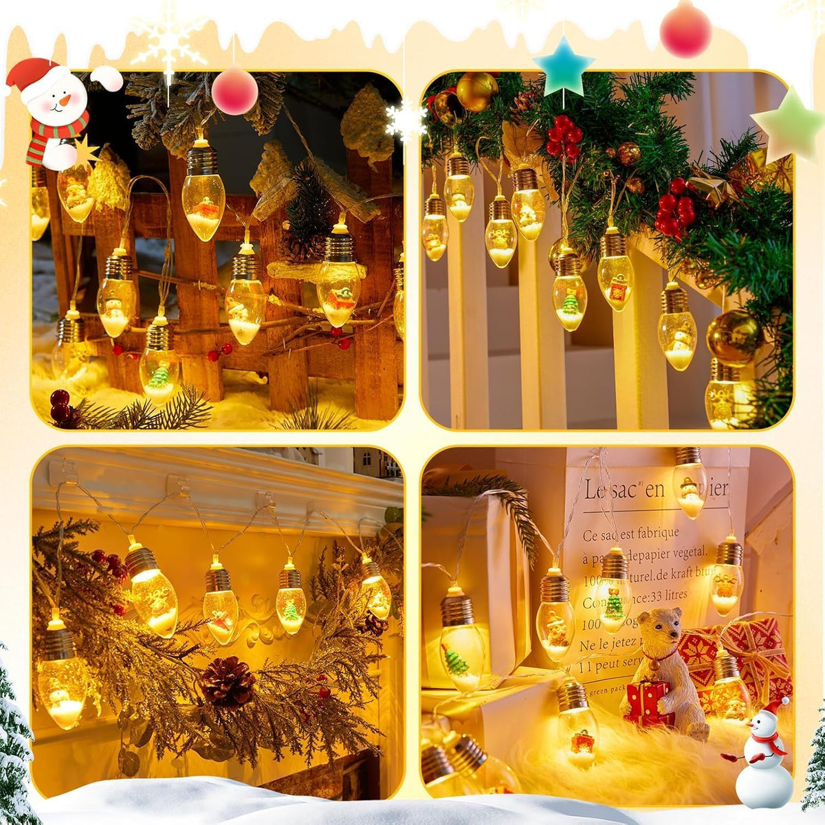 Brightown Indoor Christmas Lights, 7.5FT Battery Powered String with Santa, Gifts and Adorable Ornaments Inside Snow Globes, Ideal for Tree, Party, Garland Decor