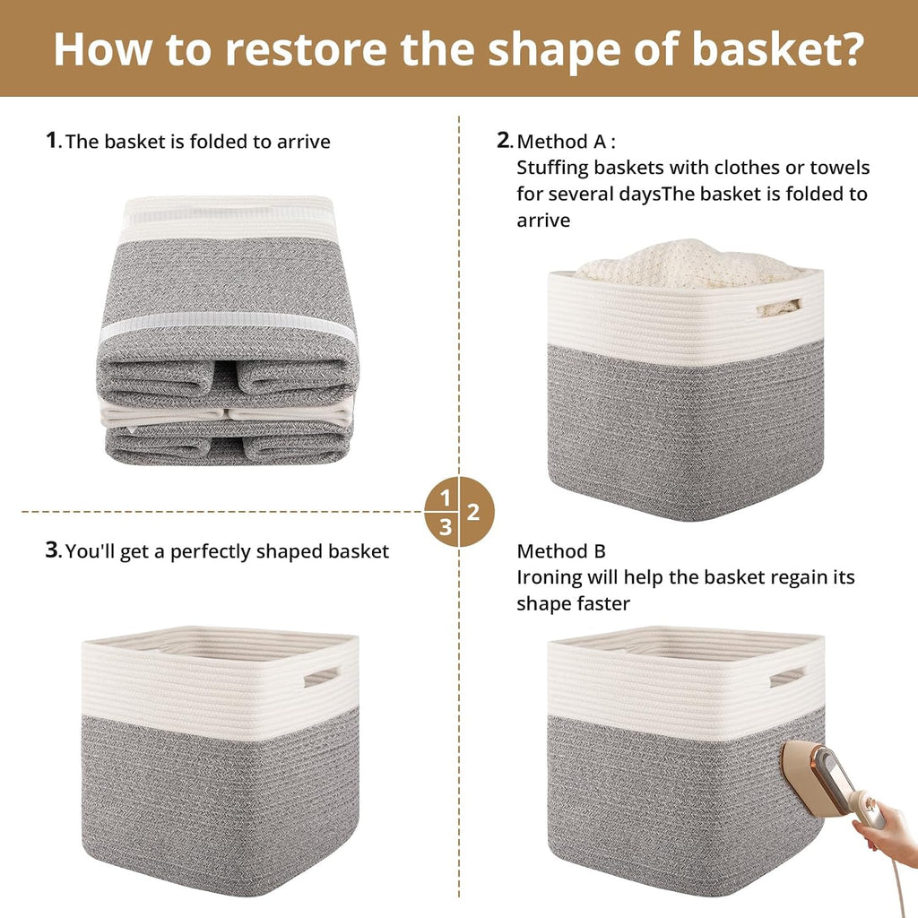 OIAHOMY 13 Inch Cube Storage Bins, 3-Pack Cotton Rope Woven Baskets for Organizing, Insert Storage Baskets for Shelves, Baby Nursery, Closet Organizer, 13 * 13 * 12.6IN, Grey & White