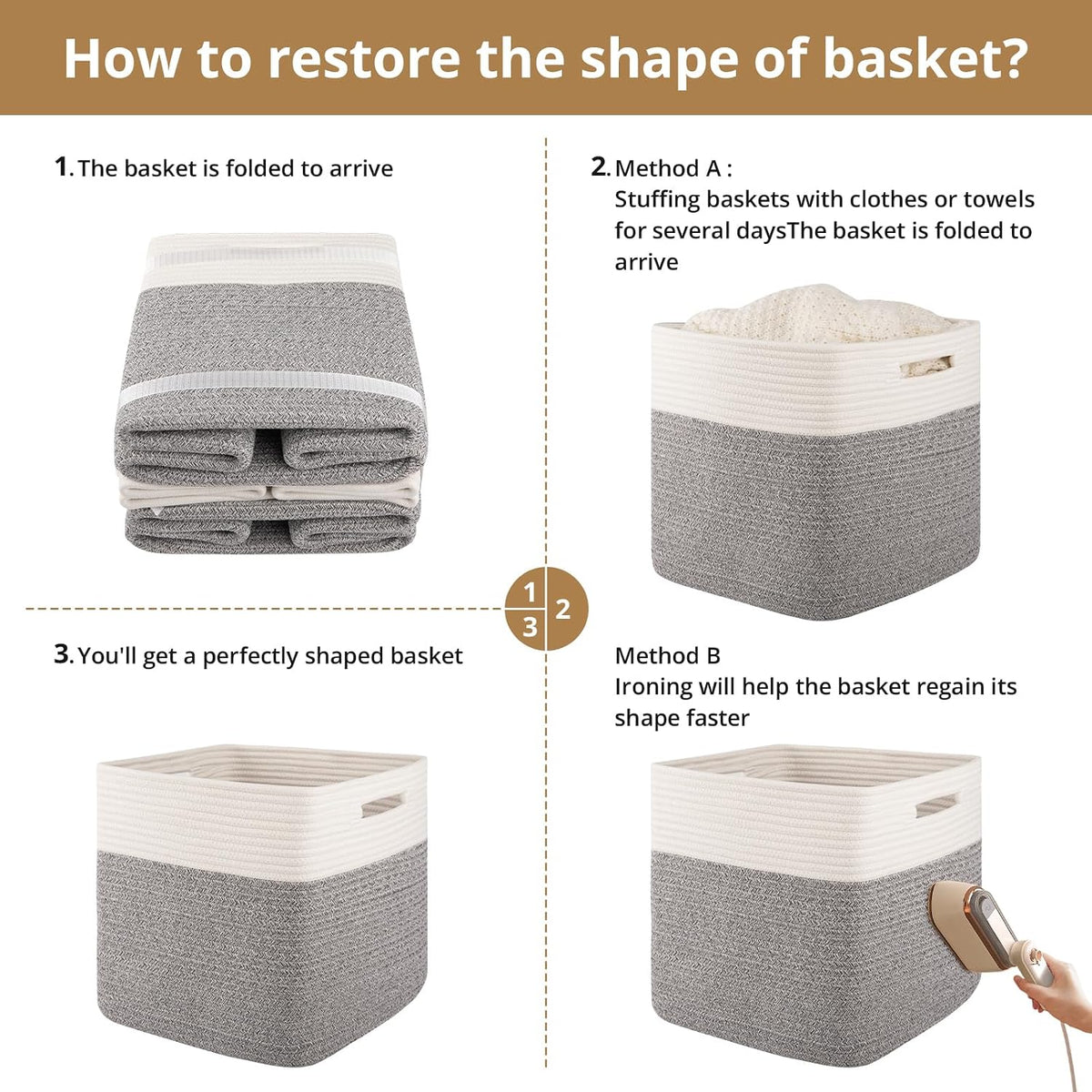 OIAHOMY 13 Inch Cube Storage Bins, 3-Pack Cotton Rope Woven Baskets for Organizing, Insert Storage Baskets for Shelves, Baby Nursery, Closet Organizer, 13 * 13 * 12.6IN, Grey & White