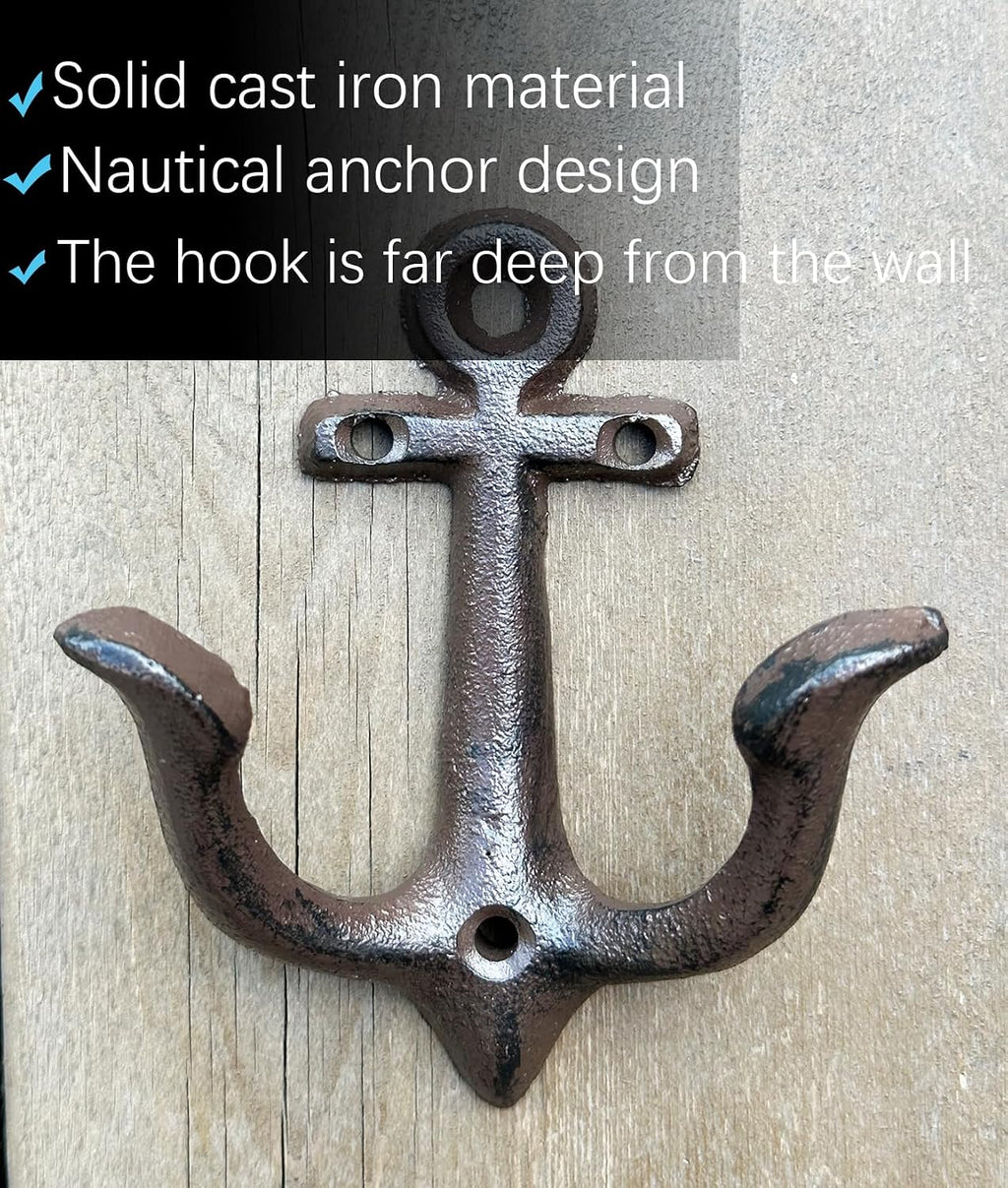 KiaoTime (Rusty Brown Vintage Rustic Cast Iron Nautical Anchor Design Wall Hook Coat Hook Rack, Decorative Wall Mounted Antique Shabby Chic Metal Home Bath Room Towel Coat Hook Hanger