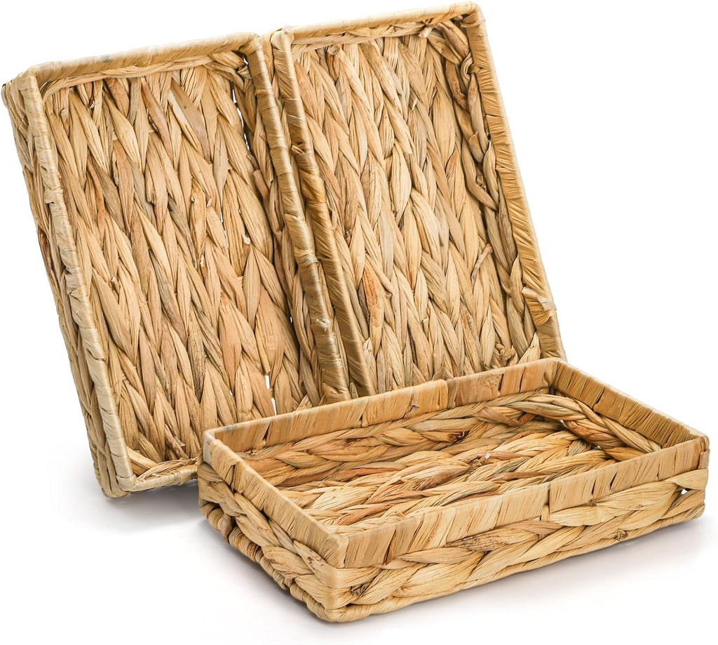 Eorbow 3 Packs Wicker Storage Trays, 10" Rattan Vanity Trays, Handwoven Toilet Paper Holder for Bathroom Towel, Rectangular Water Hyacinth Organizer for Countertop, Tank Topper, Pantry, Shelves
