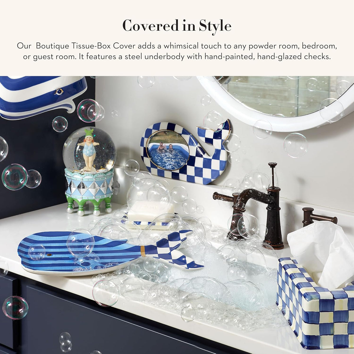 MACKENZIE-CHILDS Tissue-Box Cover, Blue-and-White Royal Check, Square