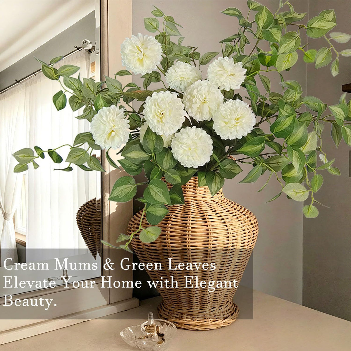 6PCS Cream Mums Long Stem Faux Fall Flowers Realistic Artificial Fall Flowers Indoor 25.5" Faux Silk Mums Flower Stems for Vases Flowers Artificial for Decoration Farmhouse Home Decor