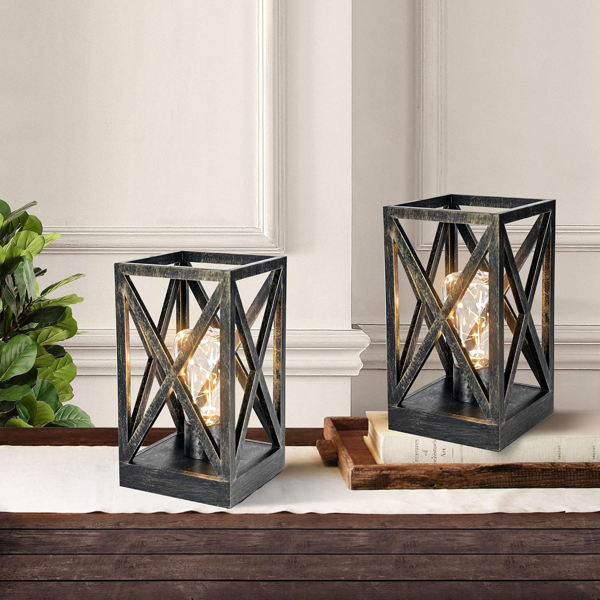 WINGBO 2 Pack Retro Battery Powered Table Lamps, Battery Operated Cordless Lamp Set, Portable Nightlight Decorative Light for Living Room Dining Room Bedroom Entryway Patio, Black & Gold Finish