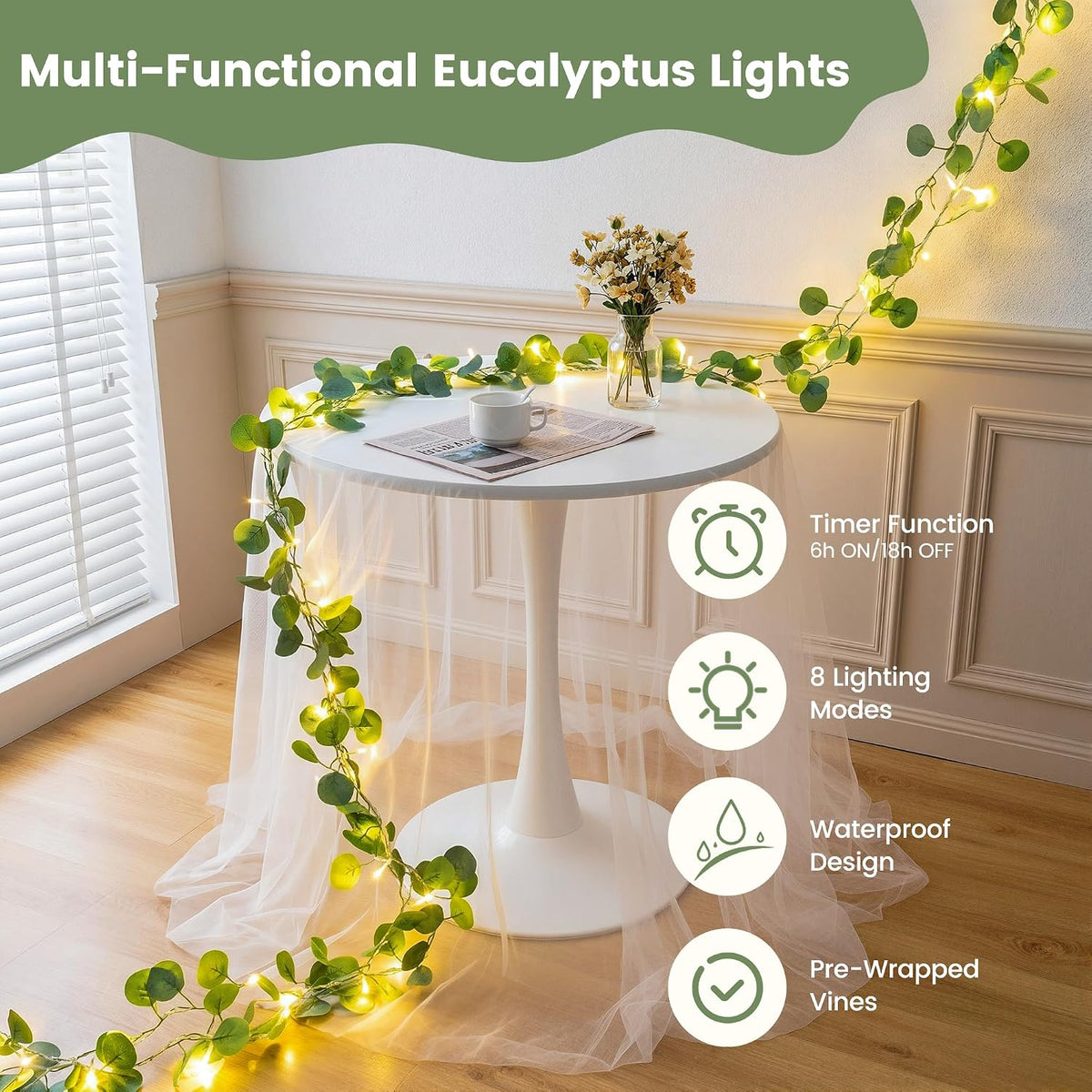 HEYFUNi 23FT Eucalyptus Garland with String Lights, Plug in