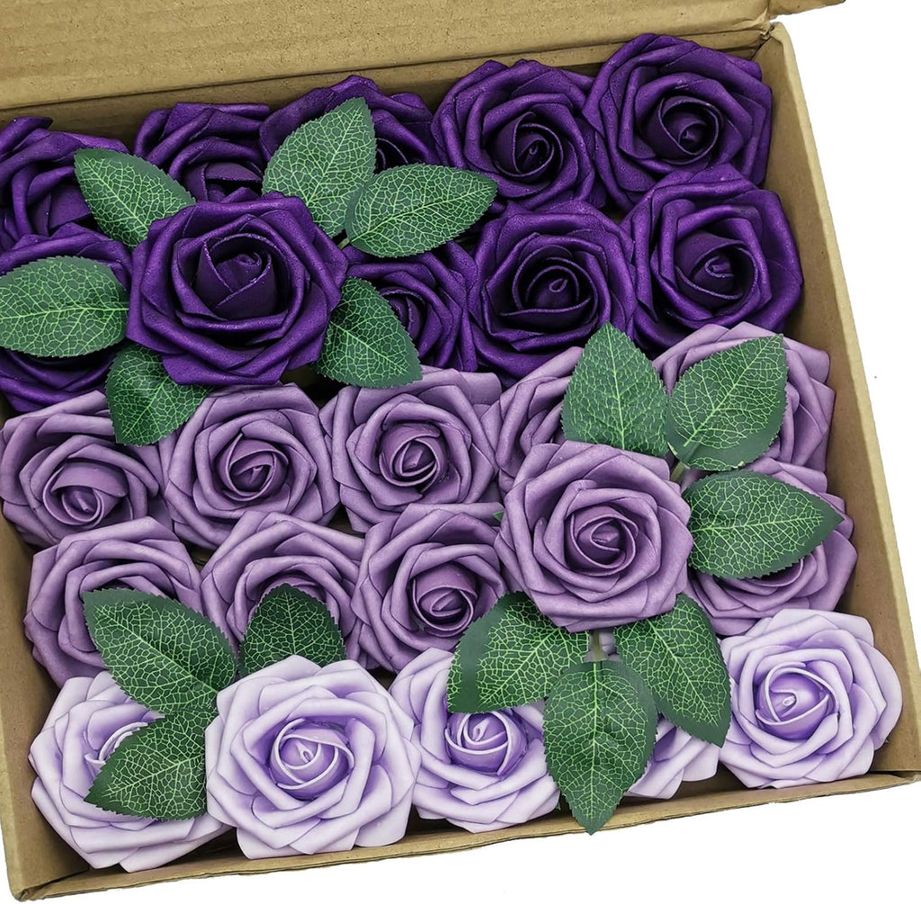 Artificial Flowers 25PCS Real Looking Ombre Colors Purple Fake Roses with Stem for DIY Wedding Bouquets Centerpieces Baby Shower Party Home Decorations