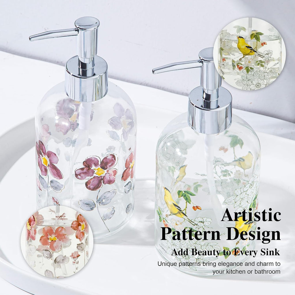 Topadorn 2 Pack 17oz Glass Soap Dispensers, Floral & Goldfinch Bird