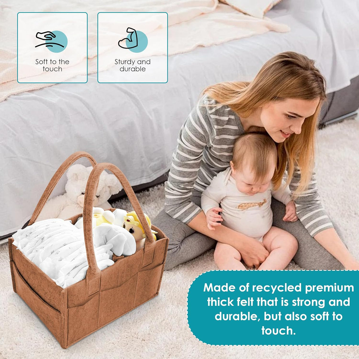 Cute Castle 2 Pack Diaper Caddy Organizer - Portable Baby Caddy Organizer with Handle, Nursery Storage Bin and Car Organizer for Girls, Boys - Baby Gift Basket - Caramel, Large