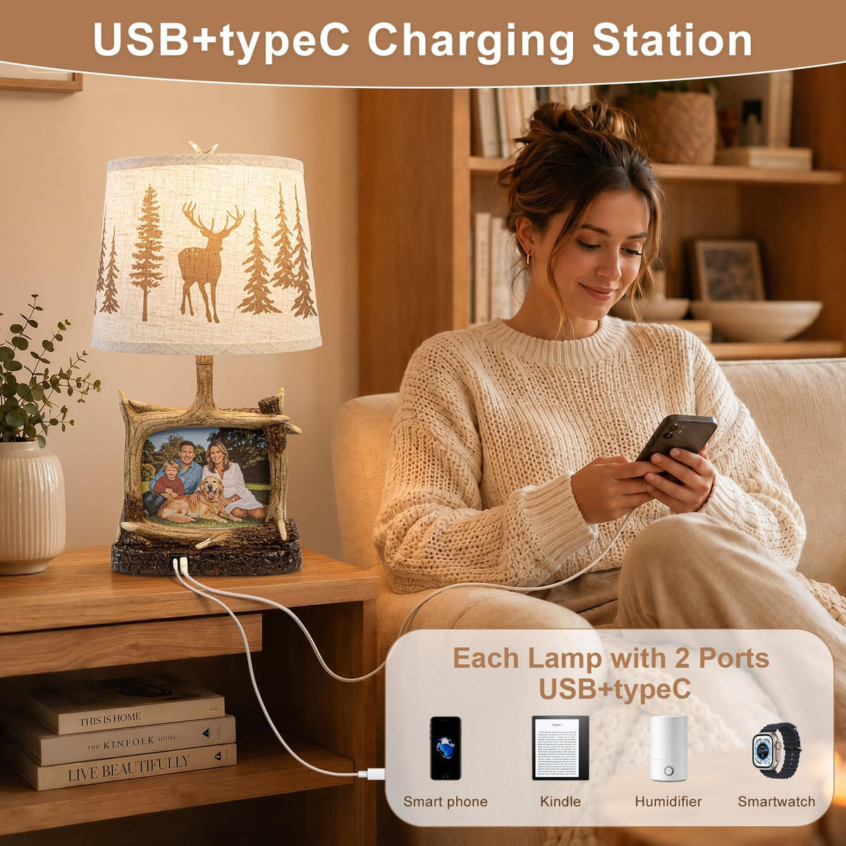 Dungoo 23" Rustic Antler Table Lamp with Picture Frame Lamp with USB-C Port