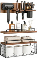 3-Tier Bathroom Floating Shelves with Hair Dryer Holder, Brown