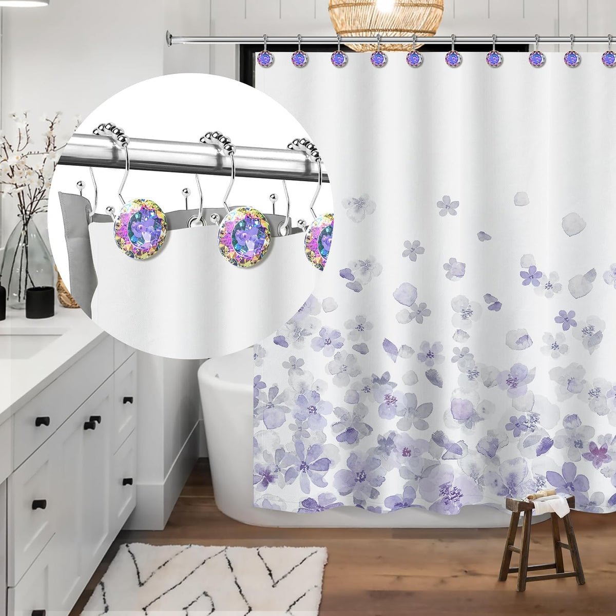 Sunlit Round Rhinestone Shower Curtain Hooks with Glide Balls, 12 Pack