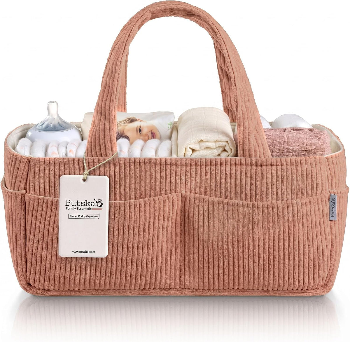 PUTSKA Baby Diaper Caddy Organizer, Nursery Basket, Terracotta Corduroy