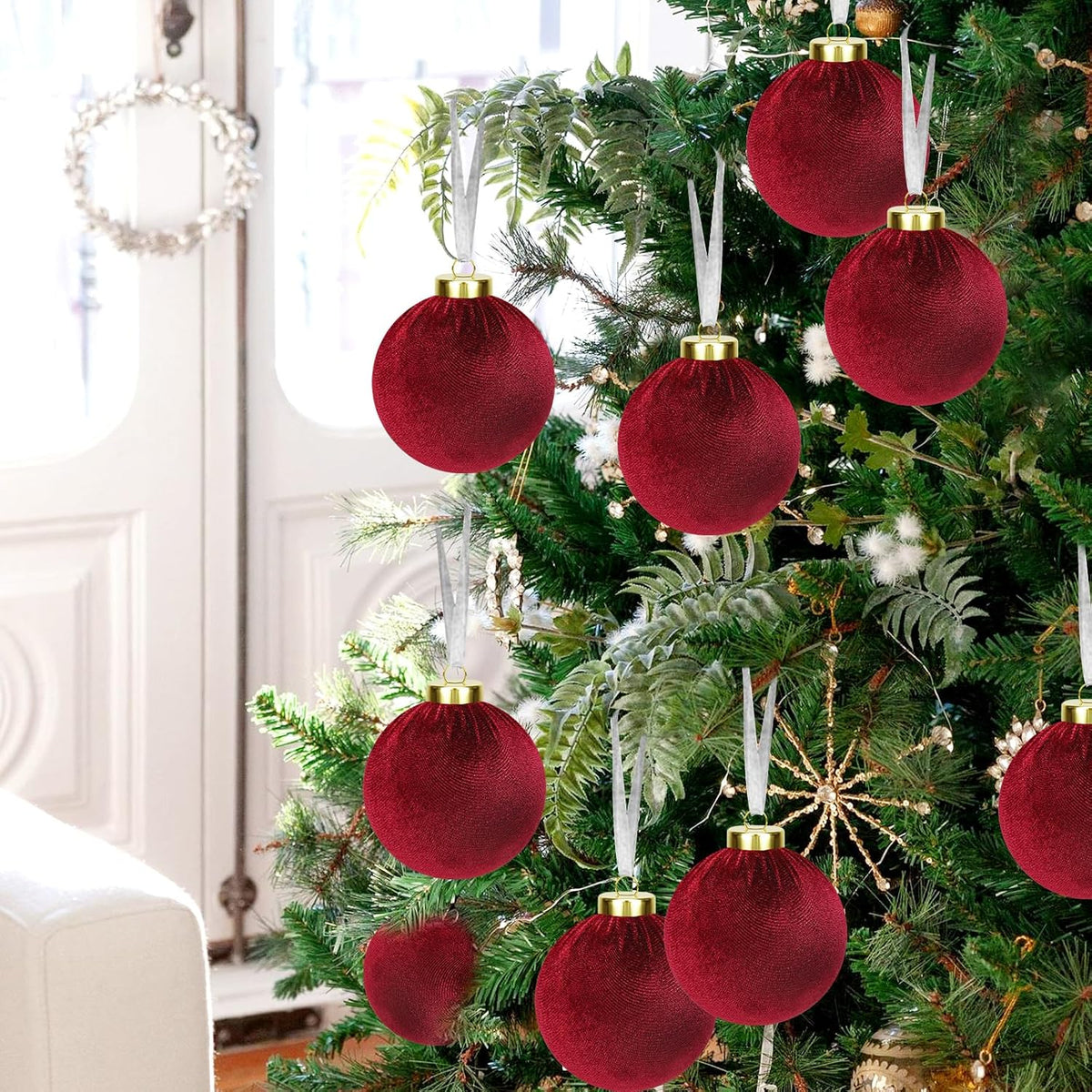 15 Pcs 3.15" Velvet Christmas Ornaments Balls, Xmas Tree Decor-Wine Red