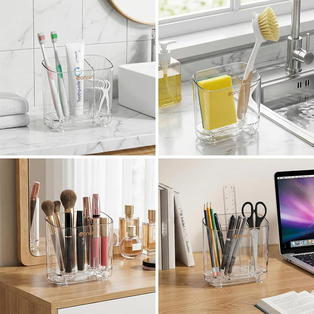 Acrylic Electric Toothbrush Holder with Detachable Base, 2 Slots Wall-Mounted Bathroom Storage Caddy, Clear Makeup Brush Organizer with Removable Divider for Toothpaste, Razors, Kitchen & Office Desk