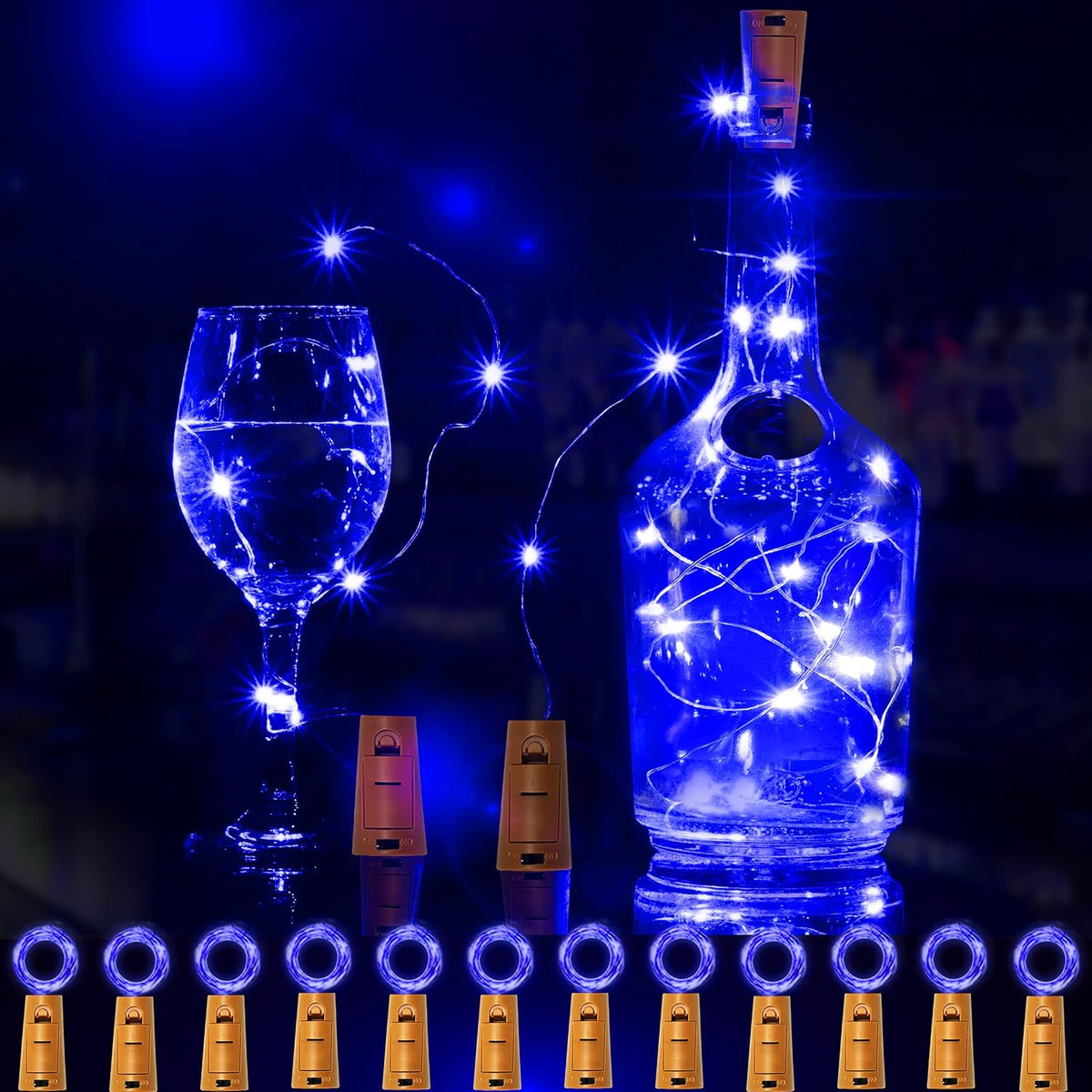 SmilingTown 12 Packs 20 LED Wine Bottle Lights with Cork - Silver Wire Fairy String Lights Battery Operated Cork Lights for Wine Liquor Bottle,Bedroom,Christmas,Birthday Party Decor(Blue)