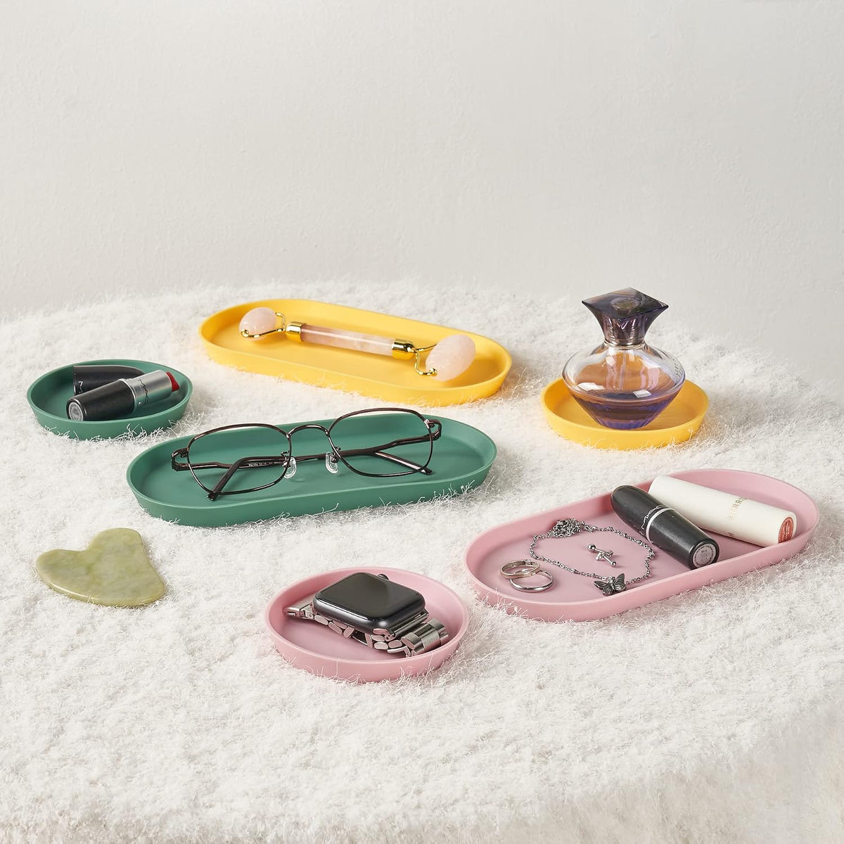 Blue Ginkgo Mini Silicone Trays – Set of 6 Easy-Clean Organizers for Bathroom, Kitchen, Desk, Vanity, and Cosmetics (Green, Yellow, Pink)