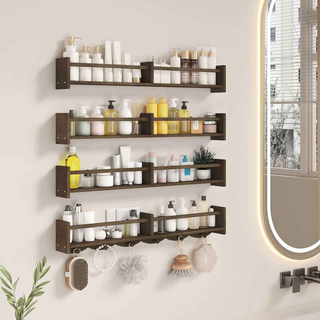 34Inch Nursery Bookshelves,Set of 4,Wall Floating Shelf Kids Coat Rack with 6Hooks,Hanging Book Shelf for Baby Nursery Room Décor (Dark Brown, 34)