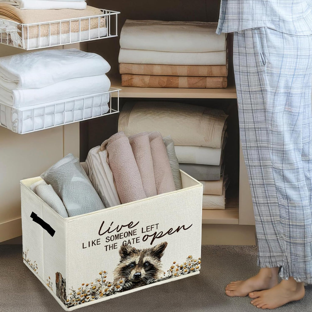 Rustic Raccoon Storage Bins & Boxes with Handles, Farmhouse Raccoon Foldable Basket for Organizing, Live Like Someone Left the Gate Open Collapsible Storage Basket for Bedroom Bathroom Clothes