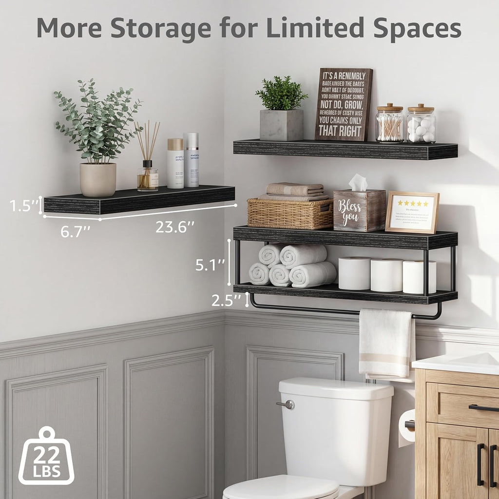 QEEIG Long Bathroom Floating Shelves Over Toilet (Black, Set of 3, 23.6")