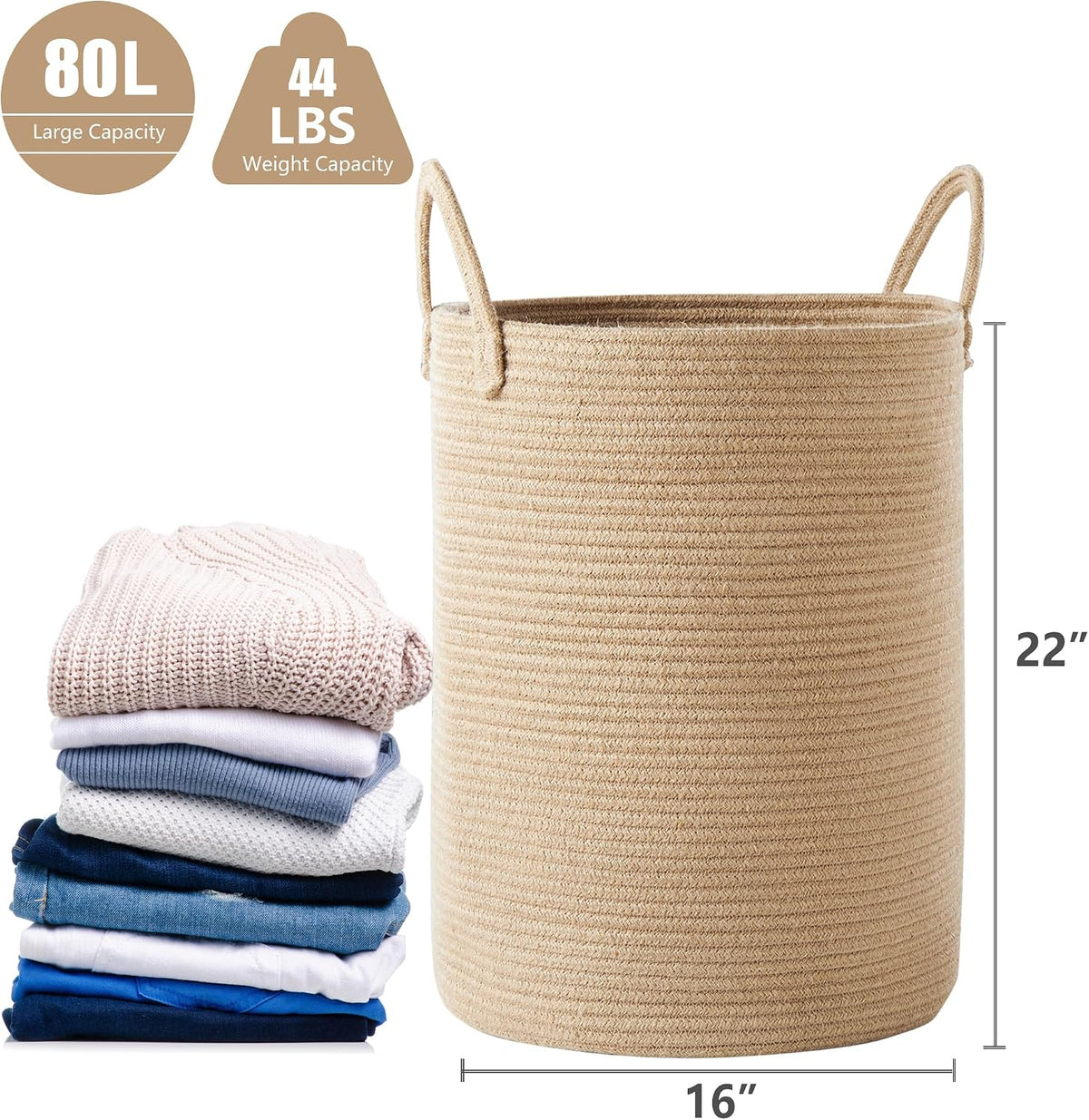 80L Extra Large Jute Woven Rope Laundry Basket Tall Wicker Hamper