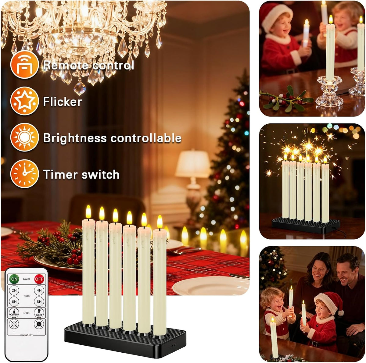 HL Rechargeable Flameless Taper Candles with Charging Base, 6 Pack LED Window Candles, Flickering Battery Operated with Remote Timer, Flameless Candlesticks for Halloween Christmas Decorations (Ivory)